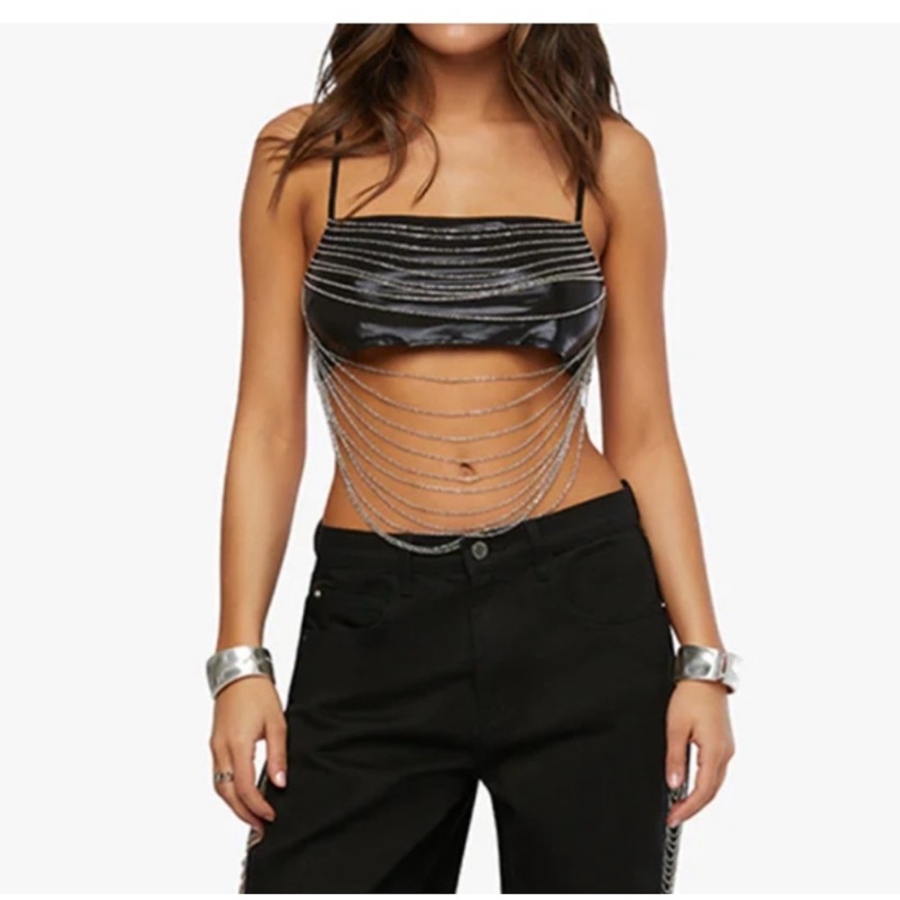 REVOLVE WEWOREWHAT Chain Bandana Top in Black Silver Size M NWT